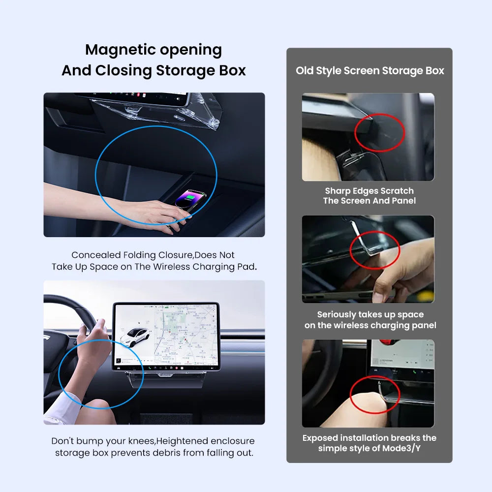 Magnetic Under Screen Storage Box for Tesla - YZ Foldable Tray Accessory for Highland Model 3 & Juniper Model Y ETC Organizer