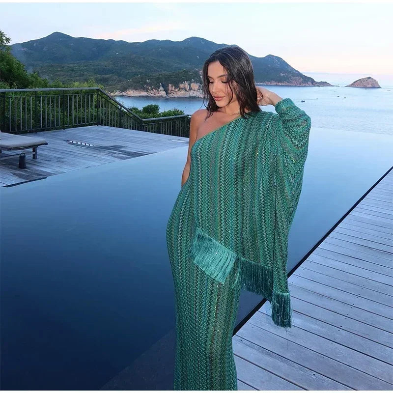 Elegant Tassel Hem Long Dress Women Loose V-neck Full Sleeve Scarf Dresses 2025 Autumn Party Evening Dresses Luxurious Lady Robe
