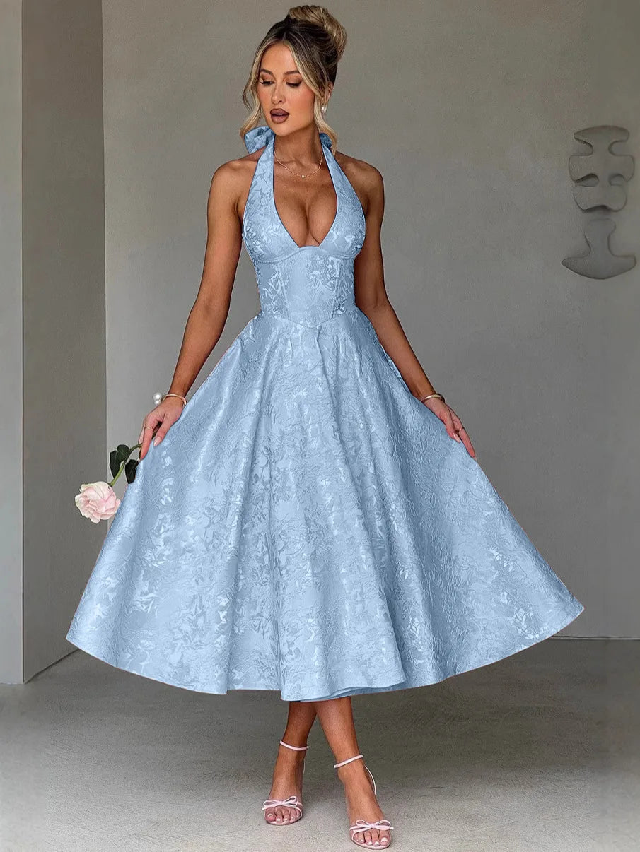 Giyu Club Evening Party Dresses Women 2025 Summer Sexy Bow Halter Long Dress Elegant Jacquard Lace Up Backless Birthday Robe