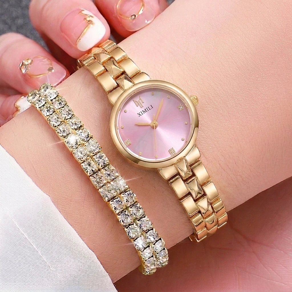 6PCS Elegant Rhinestone Women Quartz Watch Jewelry Set Ladies Bracelet Strap Wristwatches Relogio Feminino Clock（Without Box）