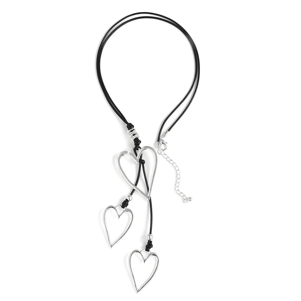 Amorcome Big Silver Color Heart Pendant Long Leather Necklace Boho Women Statement Ethnic Jewelry Lariat Necklace Mujer Collares