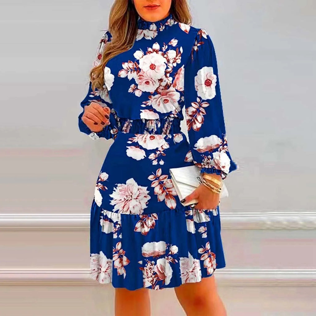 Women's Casual Dresses Sweet Floral Print Ruffle Turtleneck Midi Dress A Line Fresh Style High Waist Dresses Vintage Dress