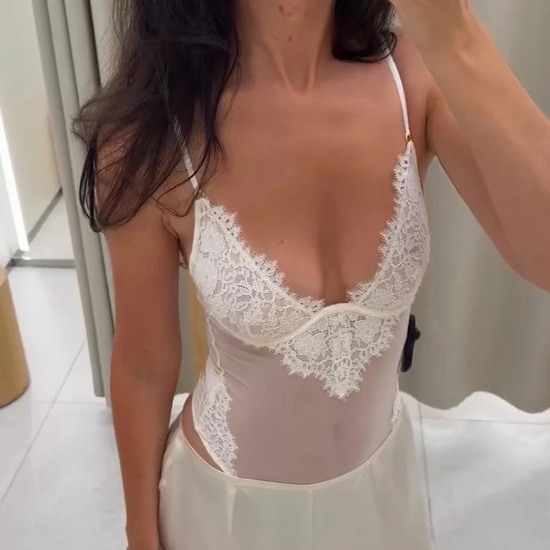 Lace Splice Sheer Bodysuit V Neck Spaghetti Strap Fitted 2026 Summer  Women Club Fashion Outfit Party Trendy Slim Lingerie