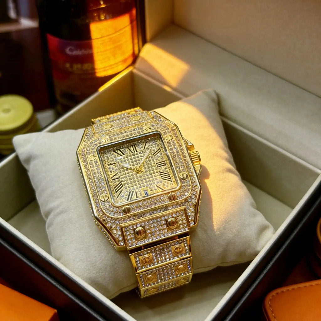 Luxurious Men's Quartz Watch, Fully Diamond-Encrusted with a Square Roman Numeral Dial, Featuring Date Display, Waterproof Design, Hip-Hop Style, Shiny Watch Suitable for Both Formal and Casual Occasions