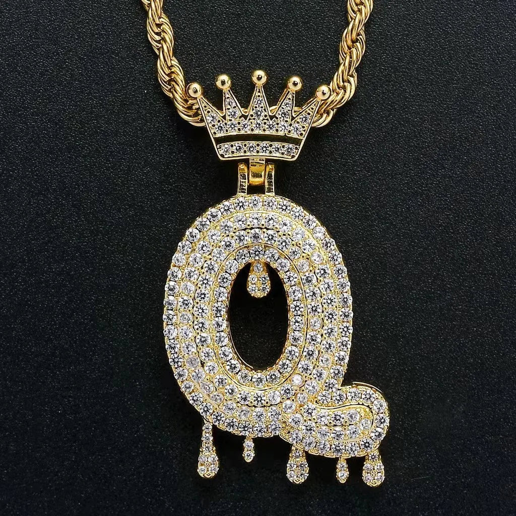 Hip Hop Iced Out Bling Cubic A-Z Drip Crown Zircon Initial Letters Necklaces Pendant Necklace Chain Men Jewelry with Rope Chain