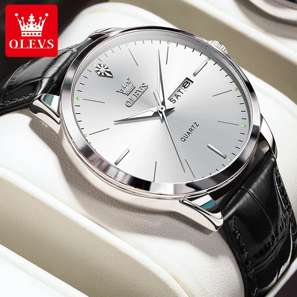 OLEVS 2935 Fashion Business Brand Men Watches Leather Strap Trend Week Calendar Quartz Watch Luminous Waterproof 43mm Dial