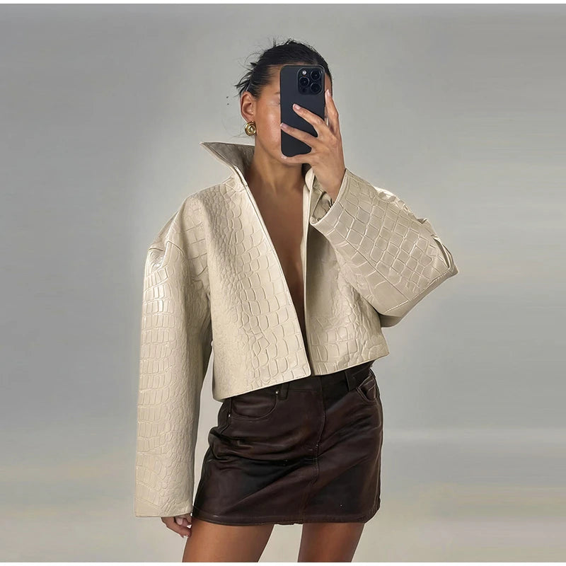 Street Grain Leather Jackets Women High Neck Long Sleeves Loose Pu Coats Female 2026 Autumn New Chic Fashion Solid Chic Outwears