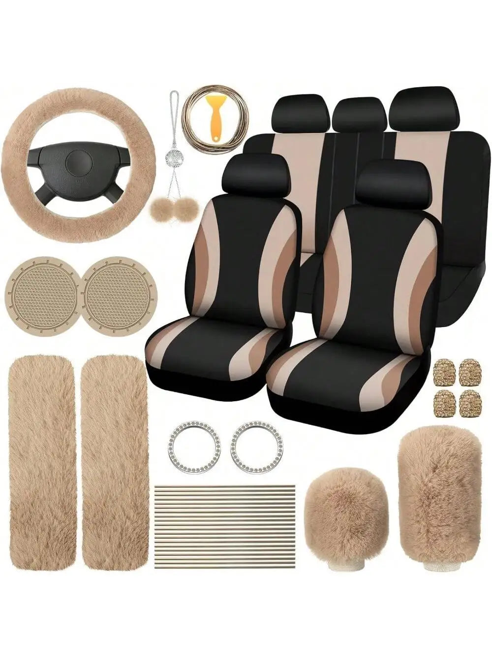35-Piece Car Seat Cover Set With Steering Wheel Cover, Cup Holder Coasters, Shoulder Pads, And Accessories - Polyester Fabric Interior Decor Kit Without Filler,Purple
