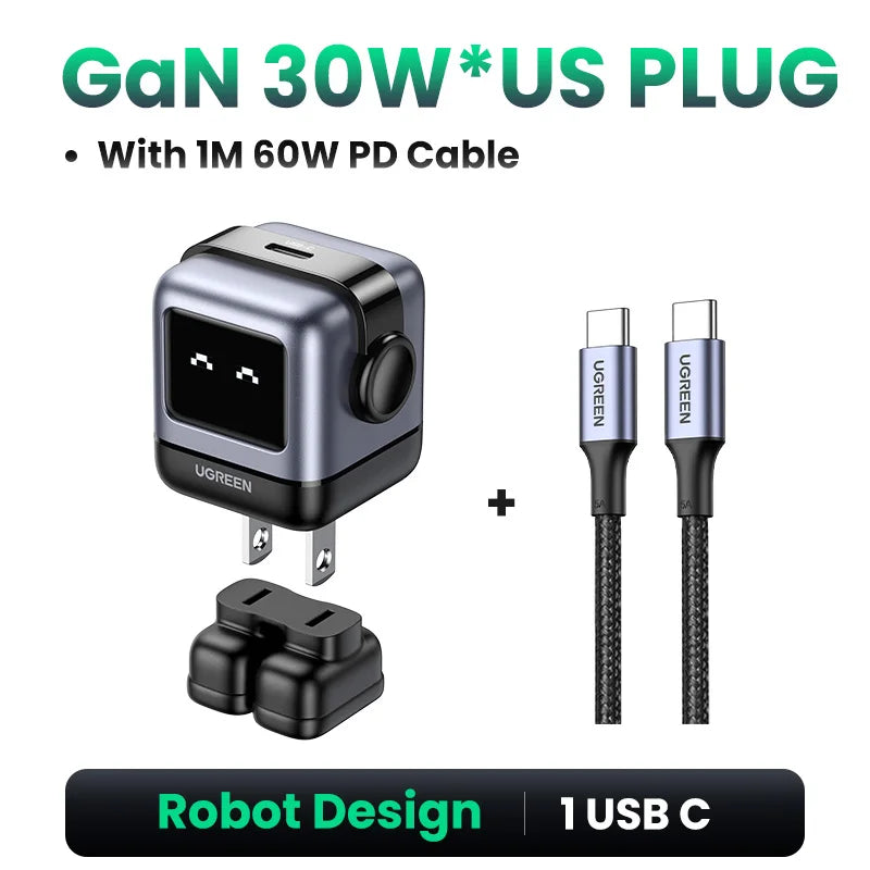 【US Plug】UGREEN 65W 30W GaN Charger Robot Design PD3.0 Fast Charger QC4.0 3.0 PPS for iPhone 18 17 16 Pro Macbook Laptop Table