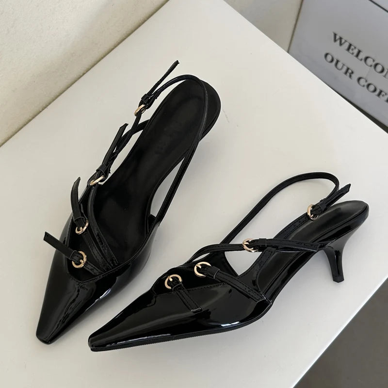 Eilyken Designer Narrow Band Buckle Strap Pumps Women Sexy Pointed Toe Low Thin Heels Wedding Banquet Dress Mule Ladies Shoes