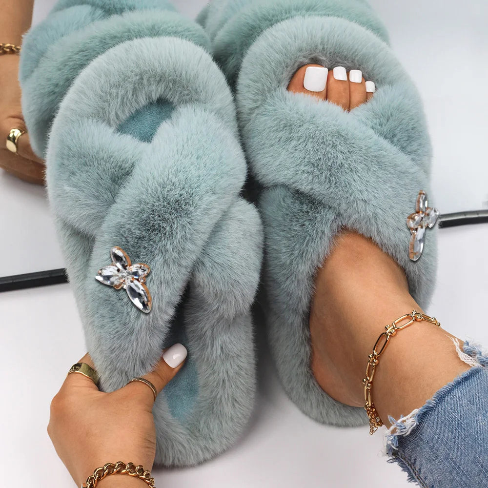 Women Furry Fur Slippers Soft Faux Fur Slides Ladies Plush House Slippers Cross Strap Open Toe Flat Sandals Fluffy Warm Shoes