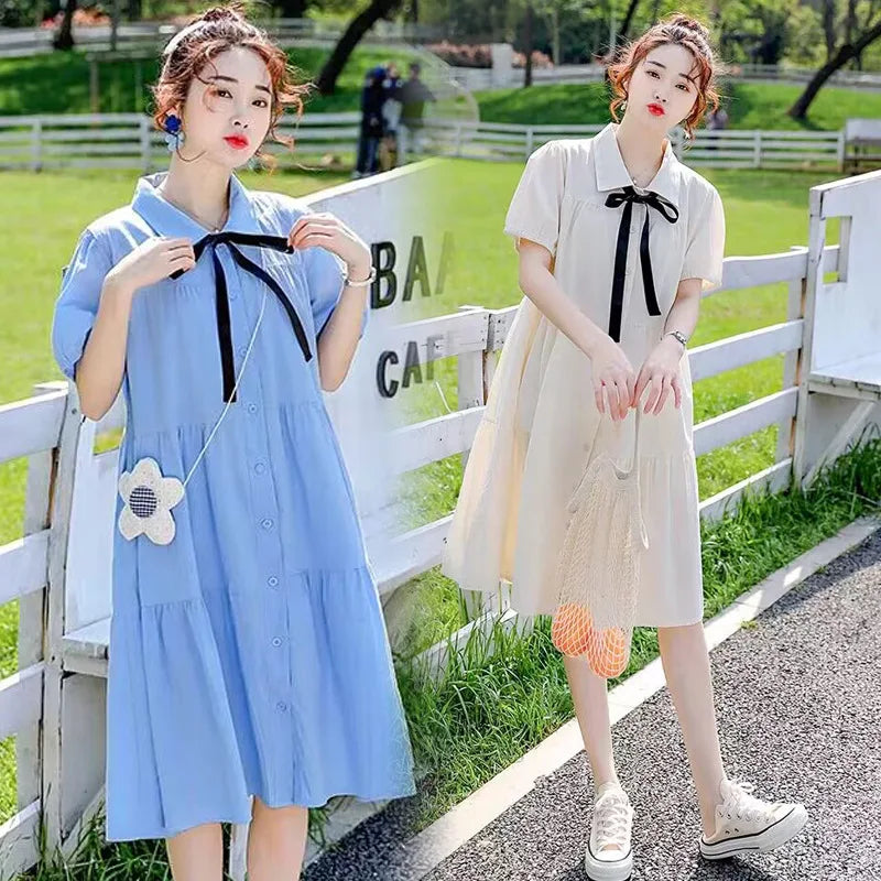 2026 Summer Maternity Shirts Dress Short Sleeve Turn-down Collar Elegant Pregnant Woman Mini Dress with Tie Ribbon Loose Blouses