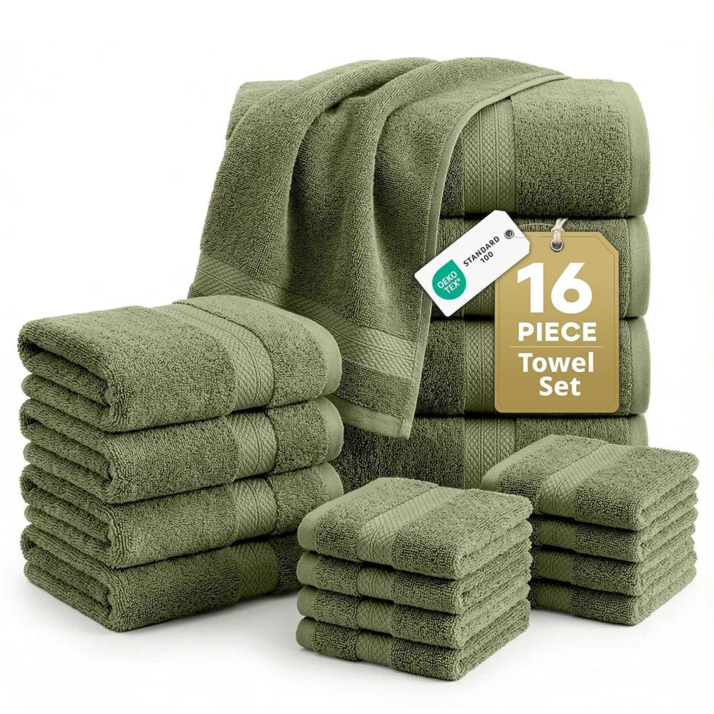 16 Piece 100% Cotton Towel Set, Soft Absorbent Quick Dry Bathroom Towels for Home Use