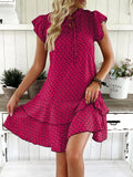 2025 Elegant Women's Casual Loose Ruffle Mini Dress Bohemian Printed V-neck Lace-up Small Flying Sleeve Dresses For Women S-3XL