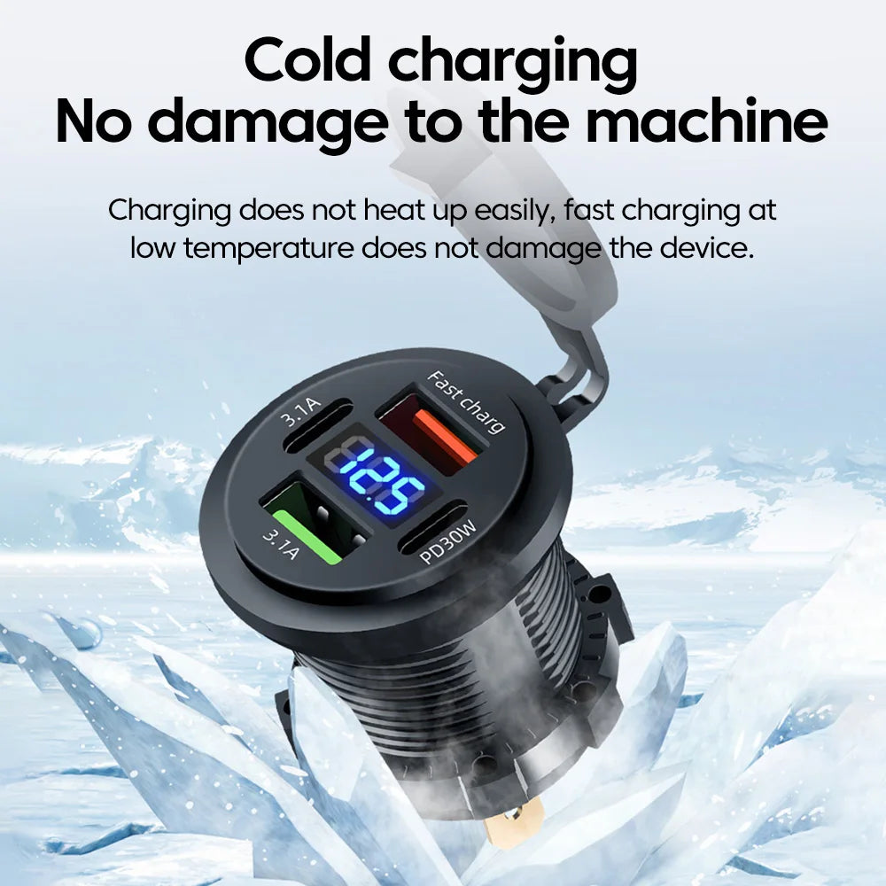 120W USB C Car Charger PD Dual QC 3.0 USB Fast Charging Charger with LED Voltage Display for Cars Boats Motorcycle Auto RV Truck