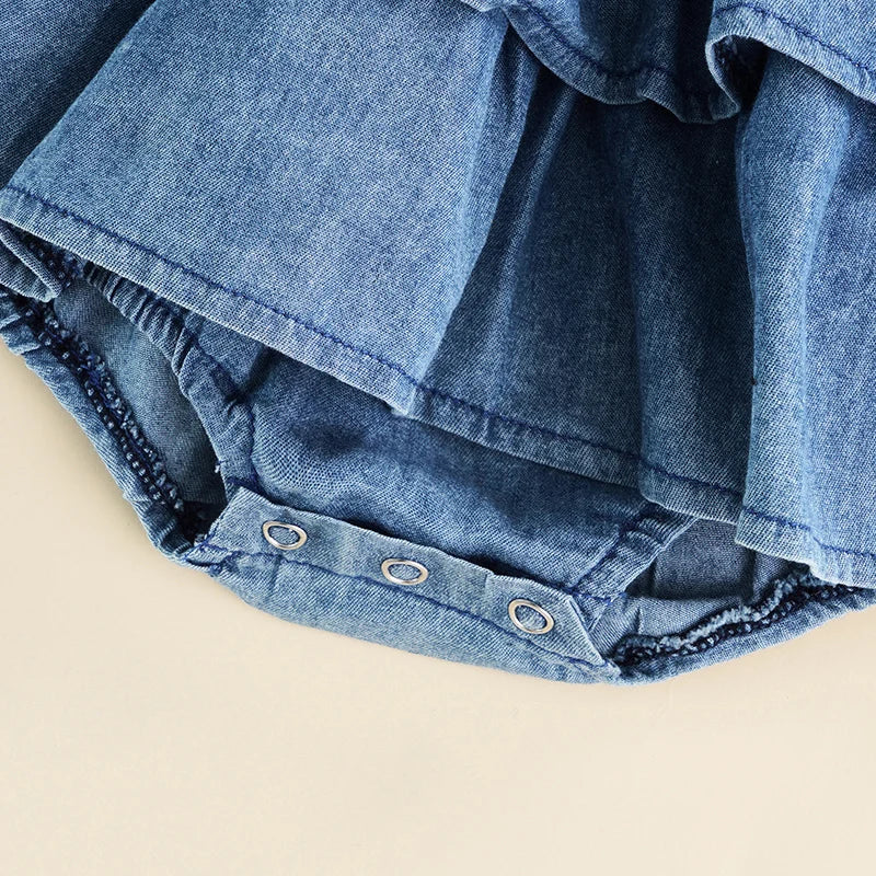 Baby Summer Clothes Girl Denim Romper Sleeveless Suspender Pleated Design Ruffle Hem Bottom Snap Button Cute Jumpsuit