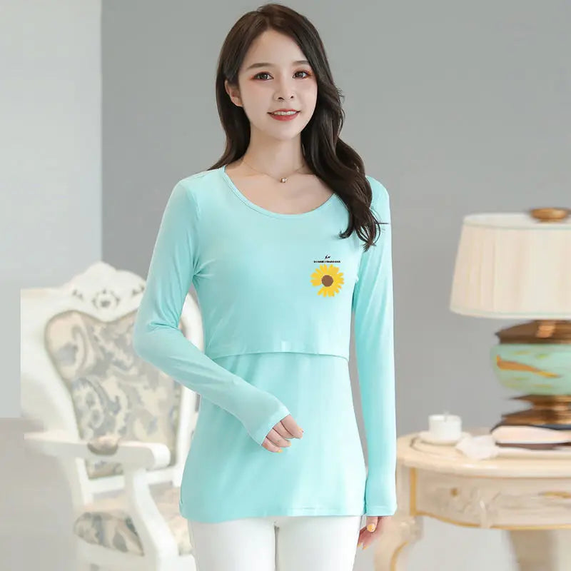 2025 Autumn Long Sleeve O-neck Postpartum Women Nursing T-shirt Maternity Breastfeeding Top Pregnancy Lactation Tees 7 Colors