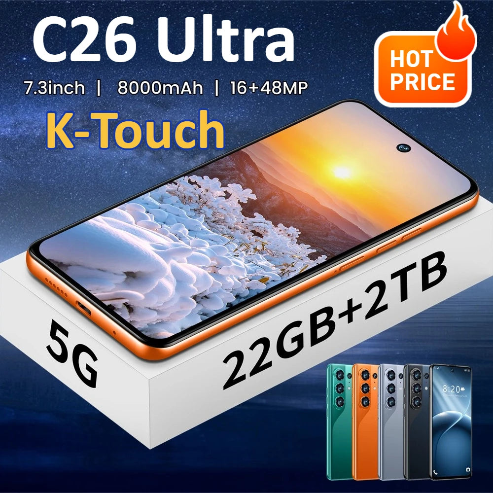 K-Touch Mobile Phones C26 Ultra Smartphone Android 5G 7.3 HD Cell Phone 22GB 2TB 7800mAh Octa Core Unlock Dual SIM 16+48MP Camera Global Version Cellphones