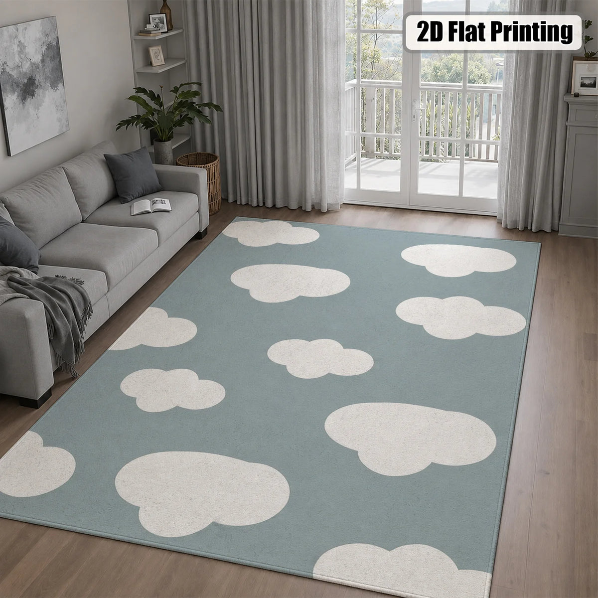 Large Indoor Area Rug, Soft Velvet Low Pile with Non-slip Dotted Backing, Machine Washable, Light Blue with White Cloud Pattern for Living Room, Bedroom, Nursery