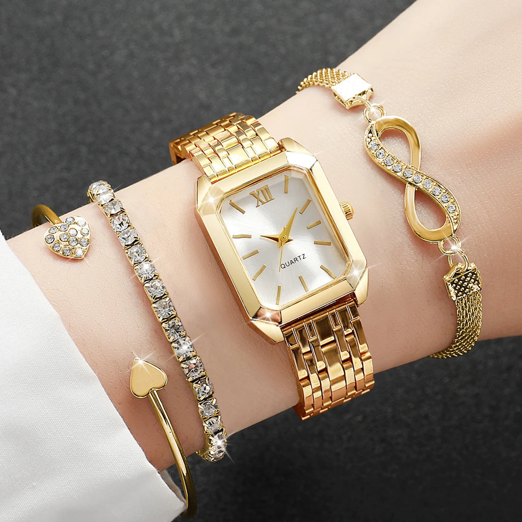 4PCS Fashion Rectangle Women Watch Rhinestone Bracelets Set Elegant Roma Dial Quartz Wristwatches Reloj Mujer (Without Box)