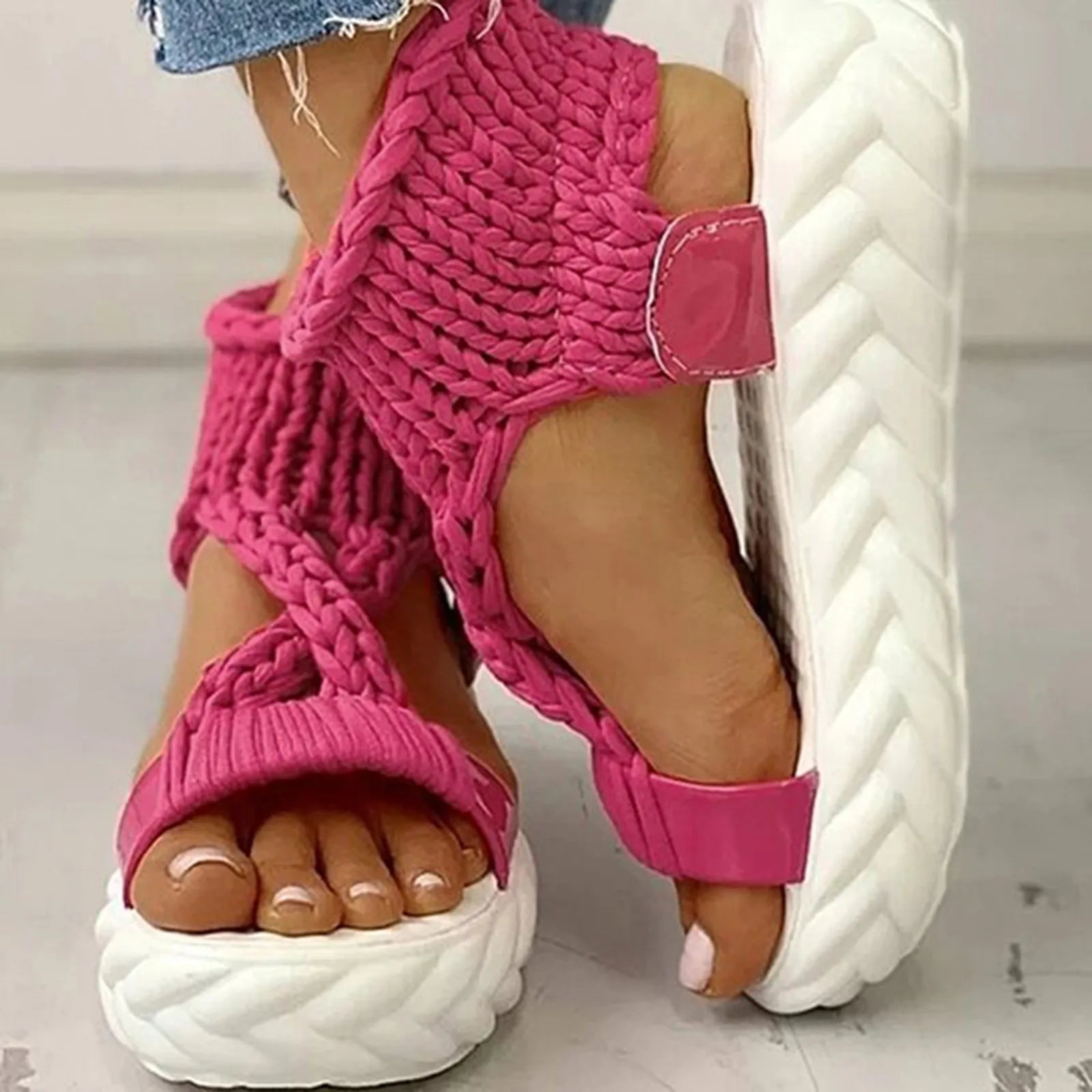 Sandals Women's Braided Knit O-Ring Fashion Platform Summer Gladiator Sandals Shoes Thick Heels Ladies Casual Sandalias Shoes