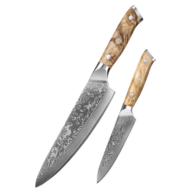 1-2PCS Set Kitchen Chef Knife Damascus Steel 67 Layers Utility Knife Chef Knife Figured Sycamore Wood Handle Delicate Gift Box