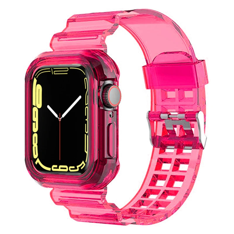 Clear Band + Case for Apple Watch Series 9 8 7 49mm 45mm 44mm 42mm 41mm Transparent Plastic Strap for iwatch 6 SE 5 4 38mm 40mm
