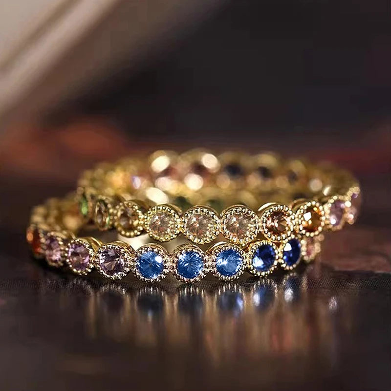 Huitan Colorful Rainbow Cubic Zircon Promise Rings for Women Gold Color Luxury Trendy Wedding Accessories Statement Jewelry