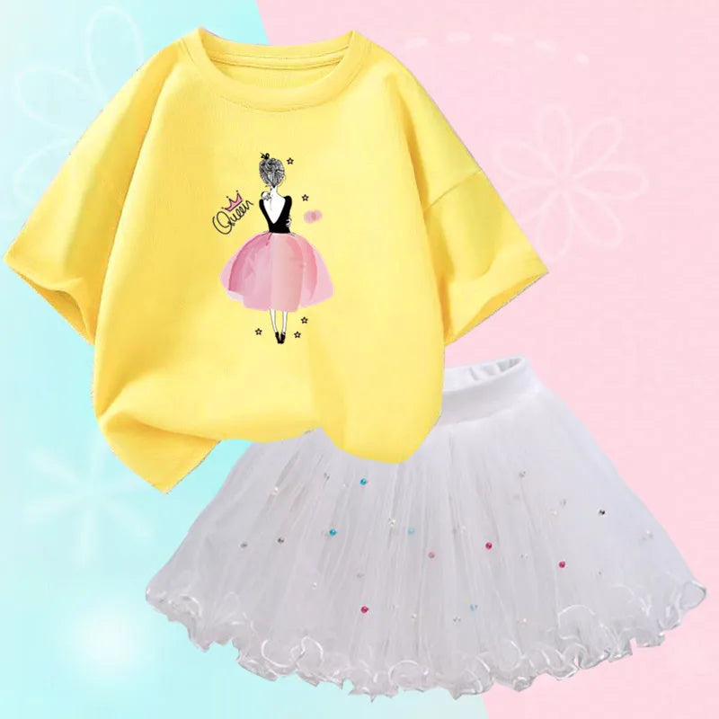 Fashion Summer Girls Outfits Pretty Ballet Dance Girl T-shirt and Tutu Skirt Set for Princess Clothes Suit Children Clothing