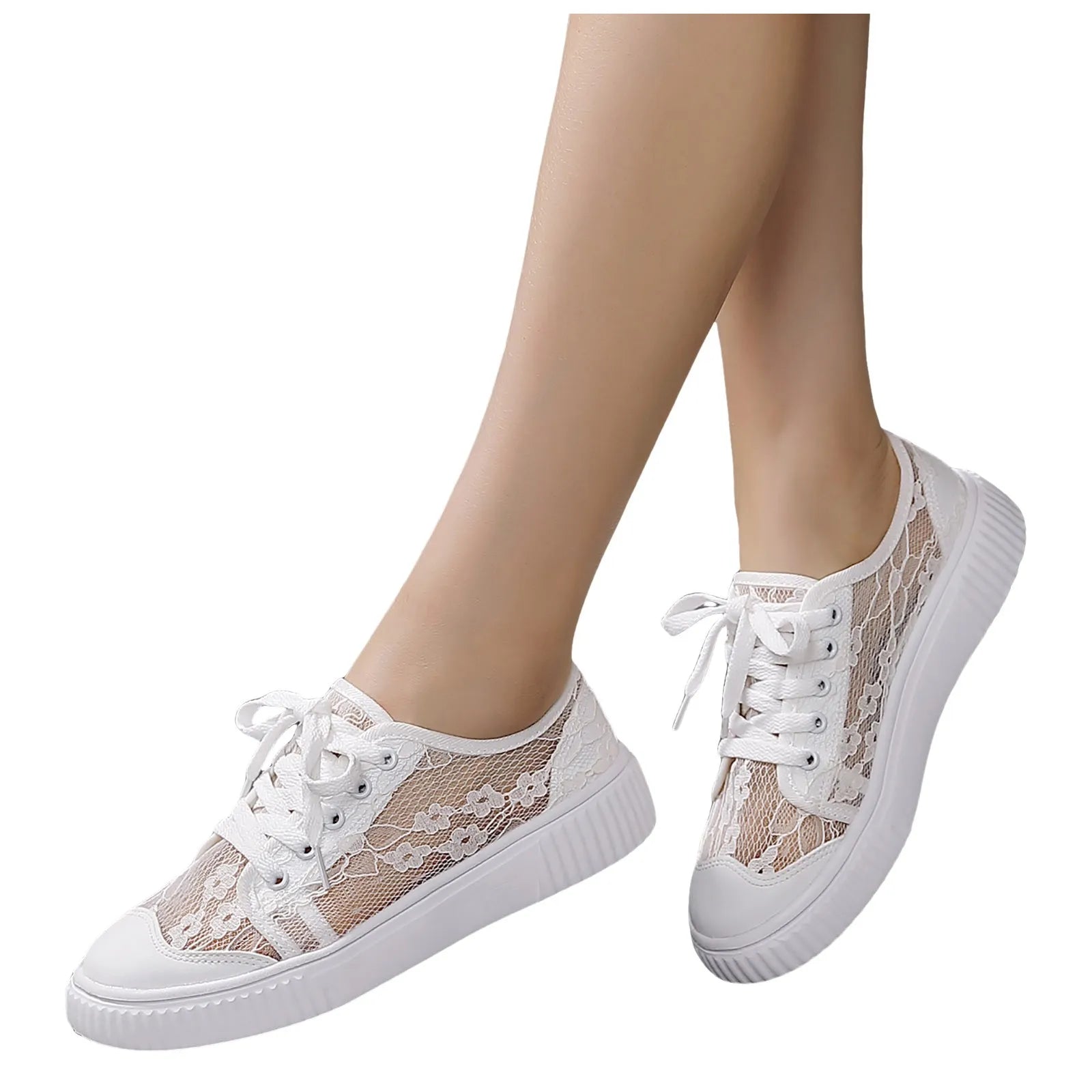 Women's Floral Lace Breathable Platform Shoes Spring Summer Thick Mid Top Lace Up Shoes Comfortable Outdoor Daily Casual Shoes