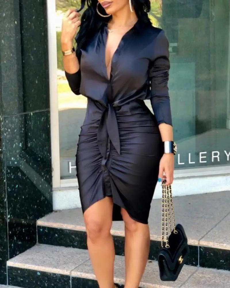 Summer Autumn New Elegant Ladies's Dress 2024 V-neck Strap Solid Color Elastic Waist Bag Hip Printed Long Sleeve Shirt Dress