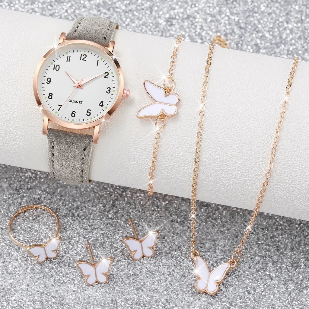 6PCS Women's Watch Fashion Arabic Dial Leather Band Quartz Watches Butterfly Jewelry Set（Without Box）