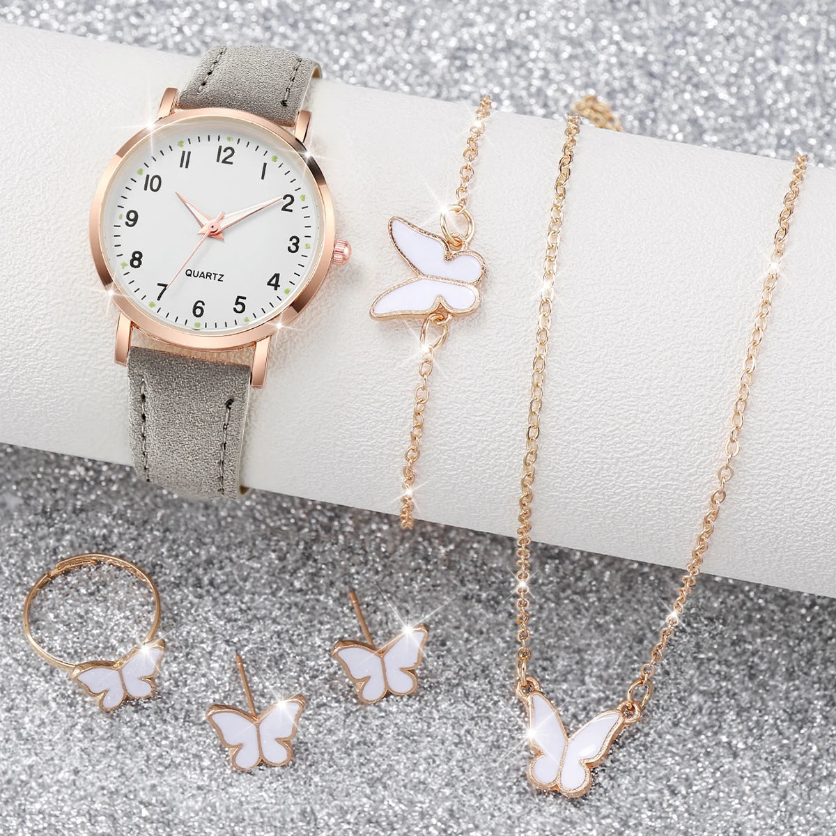 6PCS Women's Watch Fashion Arabic Dial Leather Band Quartz Watches Butterfly Jewelry Set（Without Box）