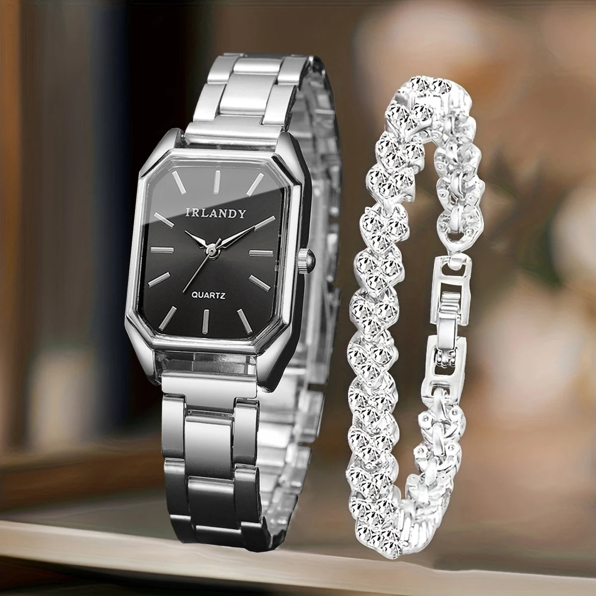 2PCS Fashion Rectangle Women Quartz Watch Rhinestone Bracelet Set Elegant Ladies Wristwatches Relogio Feminino（Without Box）