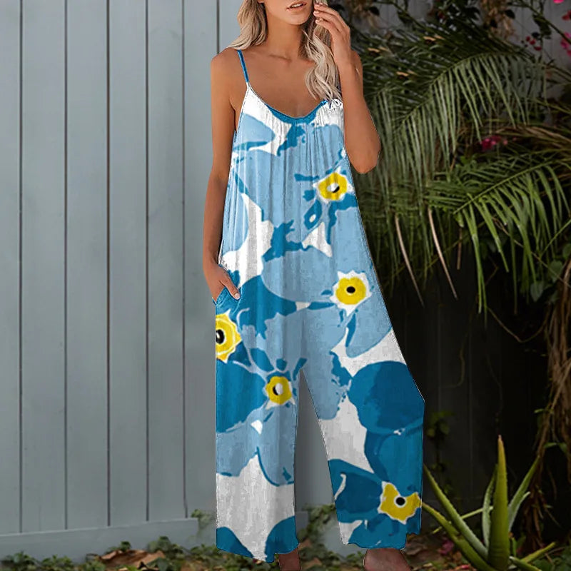 Women Sleeveless Printing Beach Boho Casual Jumpsuit Summer Vacation High Street Romper Casual Overalls Wide Leg Trousers
