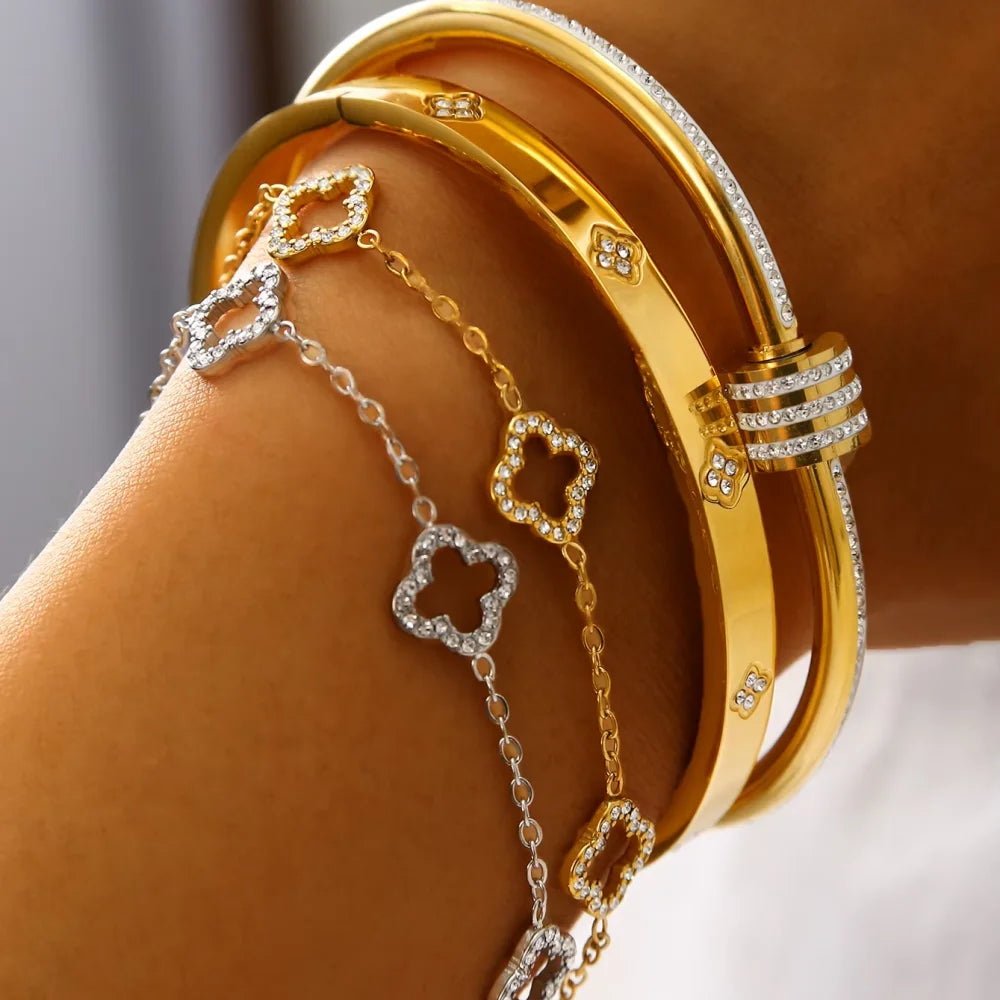 Elegant Female Stainless Steel Bracelet With Zircon Four-Leaf Clover Design Hollow Detail Fashion Accessory For Small Waist
