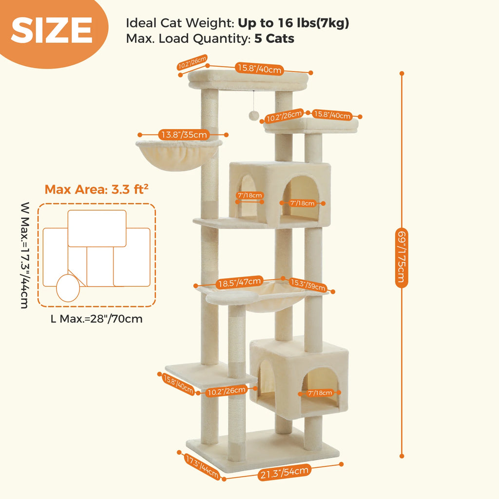 Tall Cat Tree for Indoor Cats Big Cat Tower with Super Large Hammock Cat Climbing Tree with Scratching Posts Condo House Black