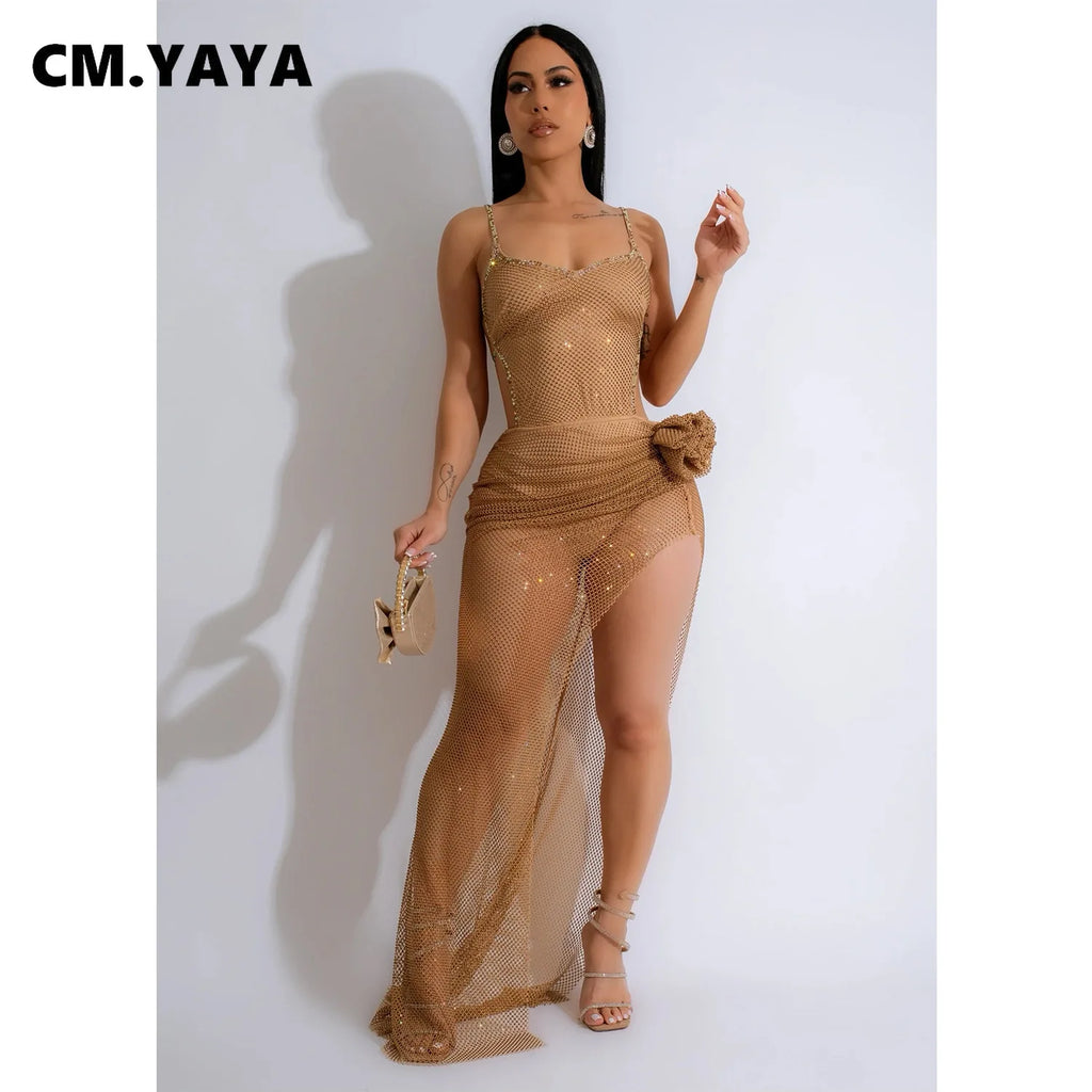CM.YAYA Women Spaghetti Strap Diamonds Hot Rhinestones High Side Split Mesh Maxi Dress 2024 Sexy Club Even Party Dresses Vestido