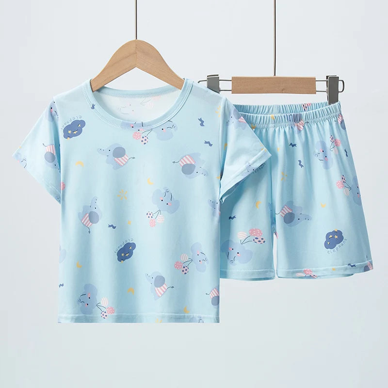2 Pcs Children's Fun Printing Suit Boy Multicolor Dinosaur Short Sleeve Girl Sweet And Lovely Bow Comfortable Joker Shorts Suit