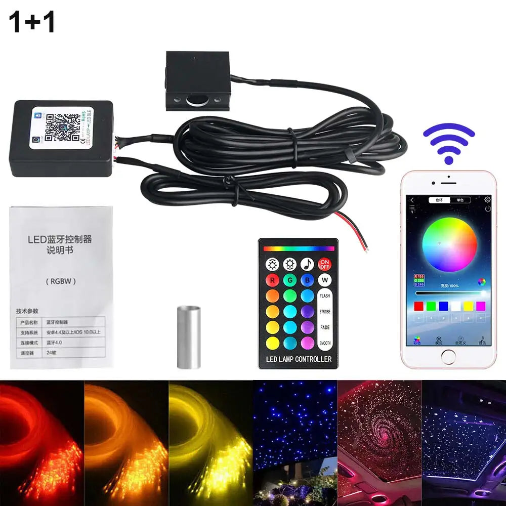 Bluetooth16w Fiber Optic Lights Star Ceiling Lighting Kits Mixed Fiber Strands RGBW Light Source Car Use Headliner Home Decor