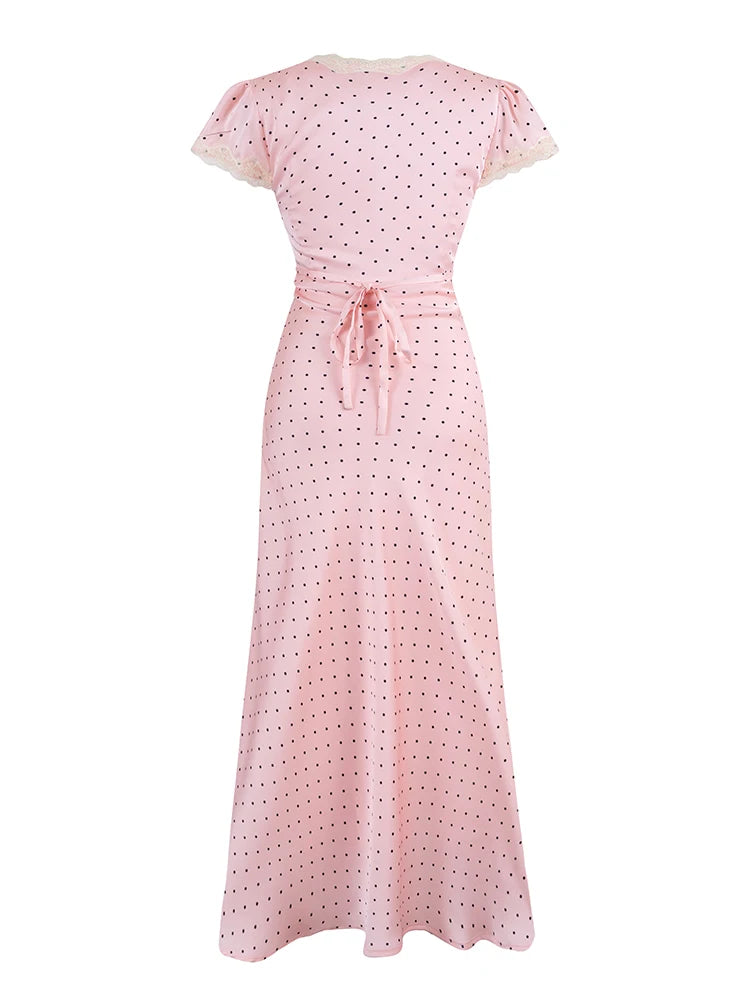 Chu Sau beauty Women New Fashion Sweet Polka Dot Print Chic Lace Patchwork V-neck Long Dress Vintage Short Sleeve Party Dresses