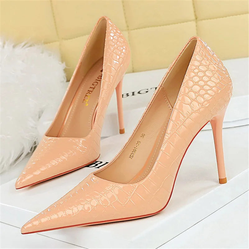 Women 10cm High Heels Stiletto Pumps Pointed Toe Green Nude Heels Office Lady Serpentine Patent Leather Wedding Party Prom Shoes