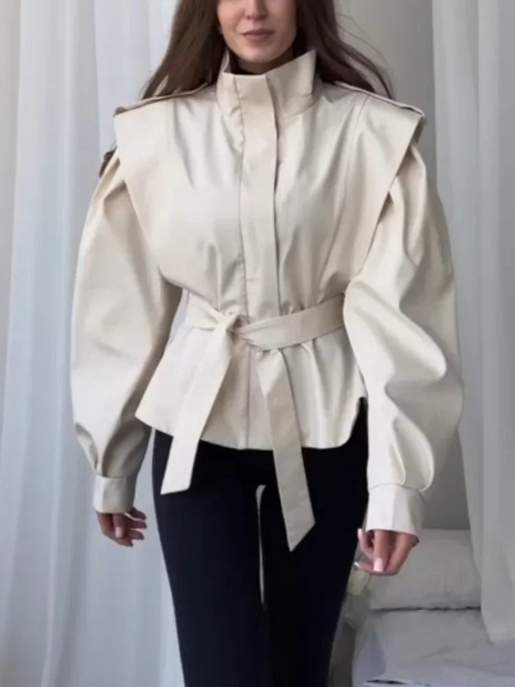 Women Lapel V-neck Belt Trench Coat Lace Up Button Full Sleeve Short Thin Windbreak 2026 Lady New Fashion Daily Street Outerwear