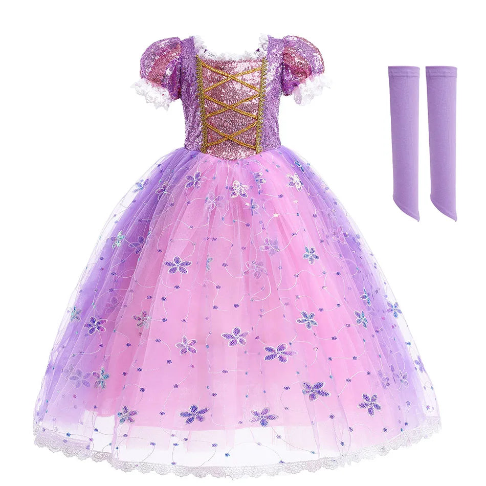 Children Halloween Costume Little Girls Rapunzel Costume Sequins Purple Dress Kids Princess Cosplay Dress 3 4 5 6 7 8 9 10 Years