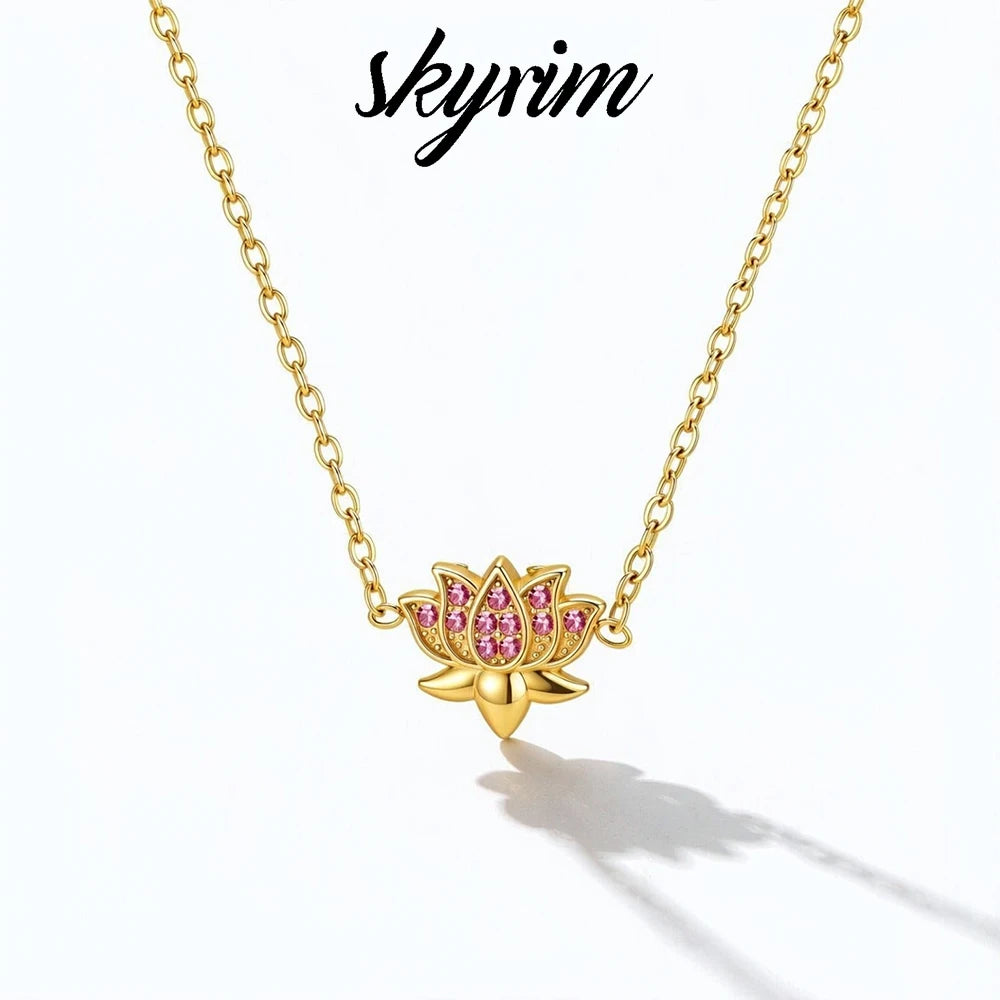Skyrim Lotus Pendant Necklace for Women Stainless Steel Gold Color Cubic Zirconia Flower Clavicle Chain Spiritual Yoga Jewelry