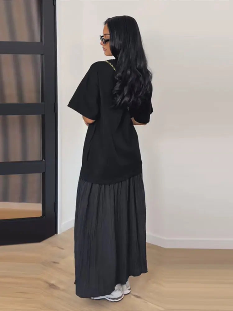 Short Sleeve Patchwork Oversized Long Dress Women Elegant O-neck Pleated Loose Party Evening Dresses Summer Casual Lady Vestidos