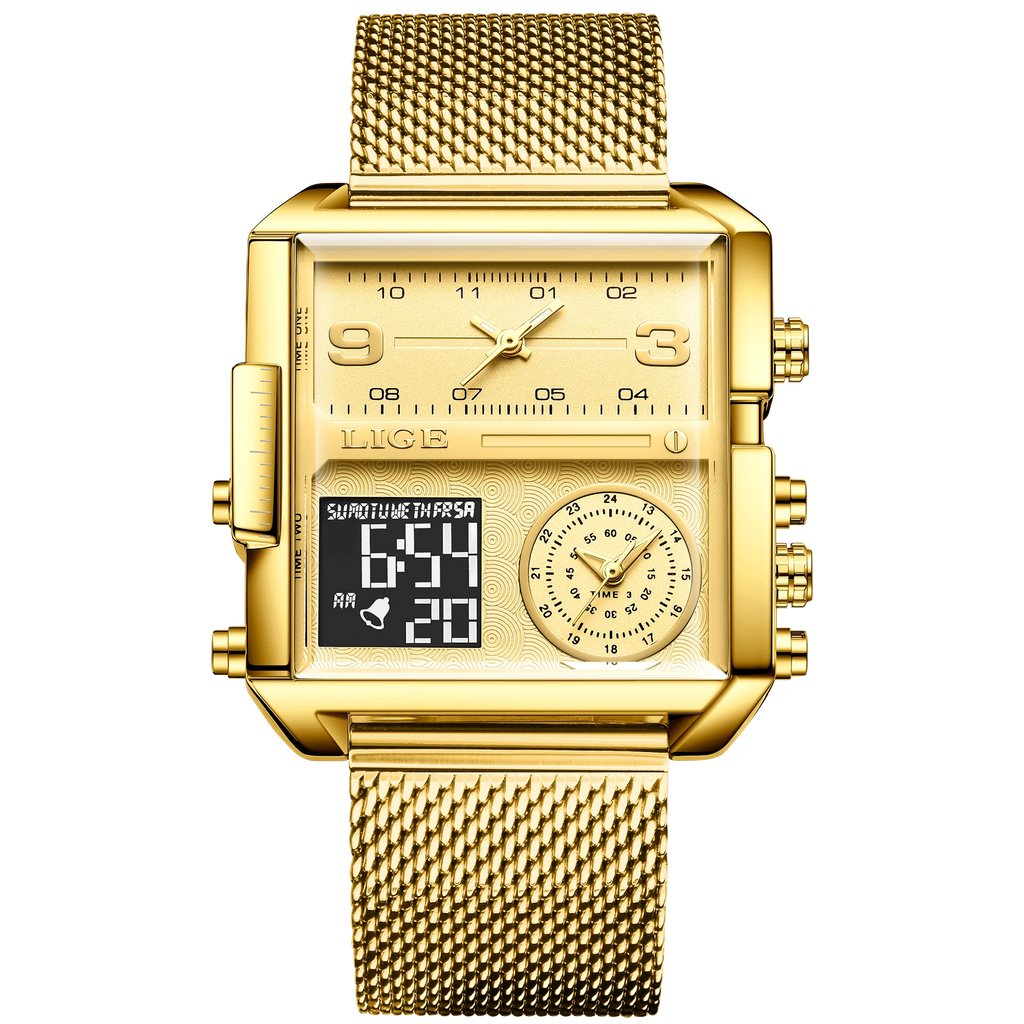 LIGE New Top Brand Luxury Fashion Men Watches Gold Steel Sports Square Digital Analog Big Quartz Watch for Man relogio masculino