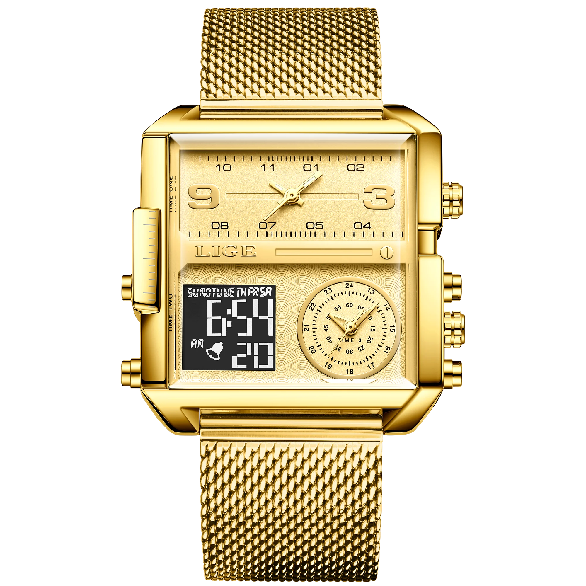 LIGE New Top Brand Luxury Fashion Men Watches Gold Steel Sports Square Digital Analog Big Quartz Watch for Man relogio masculino