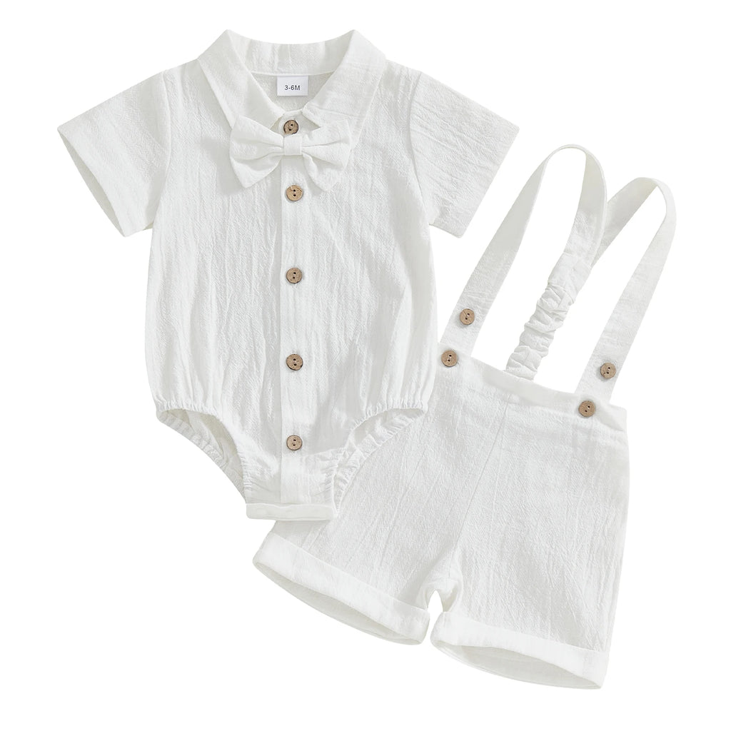 Fashion Summer Baby Boy Clothes Toddler Gentleman Outfits Short Sleeves Romper with Bow Tie Overalls Shorts Set for Formal Wear