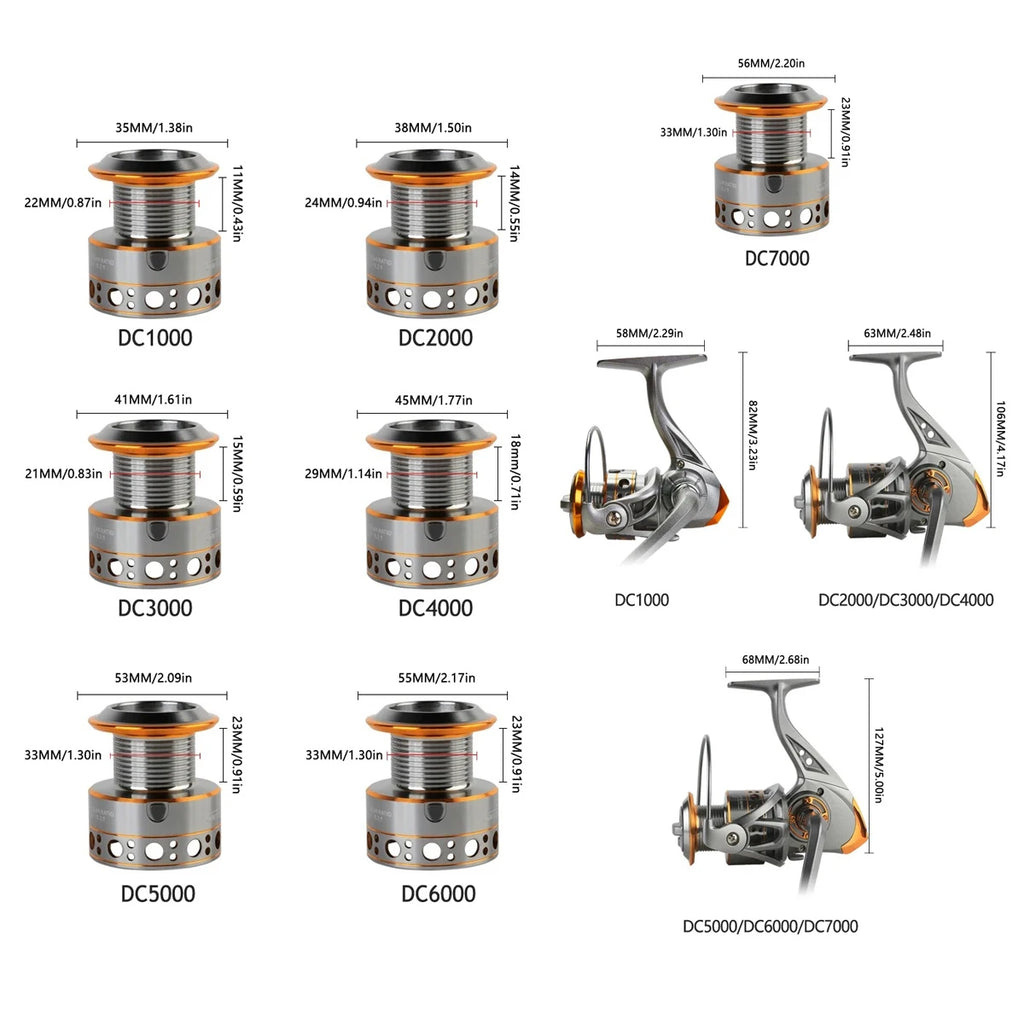DC 1000~7000 Series,5.2:1 Gear Ratio,26LB Max Drag,CNC Metal Spool,Spinning Fishing Reel,For Freshwater Saltwater fishing tools